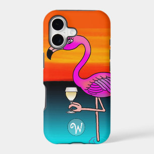 Flamant rose buvant du vin monogrammé
