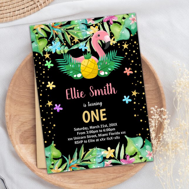 Flamant rose d'ananas noir Invitations d'anniversa (Black Pineapple Flamingo Birthday Invitations)