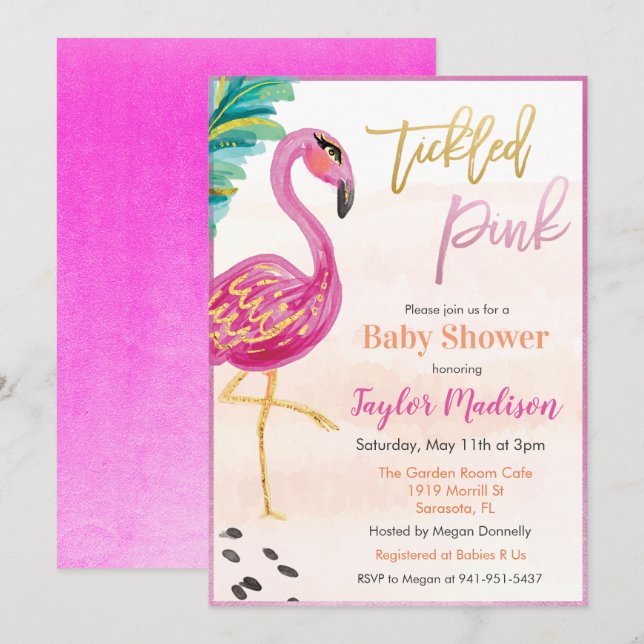 Flamant rose d'aquarelle Baby shower Invitation (Devant / Derrière)