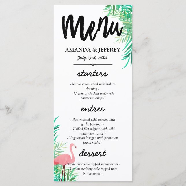 Flamant rose d'aquarelle et Palm Feuille Menu Mari (Devant)