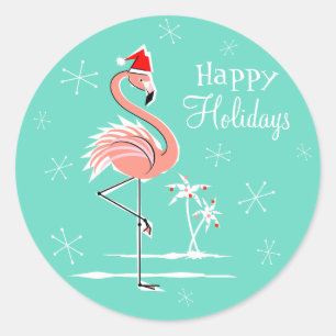 Flamant rose de Noël Happy Holidays sticker round