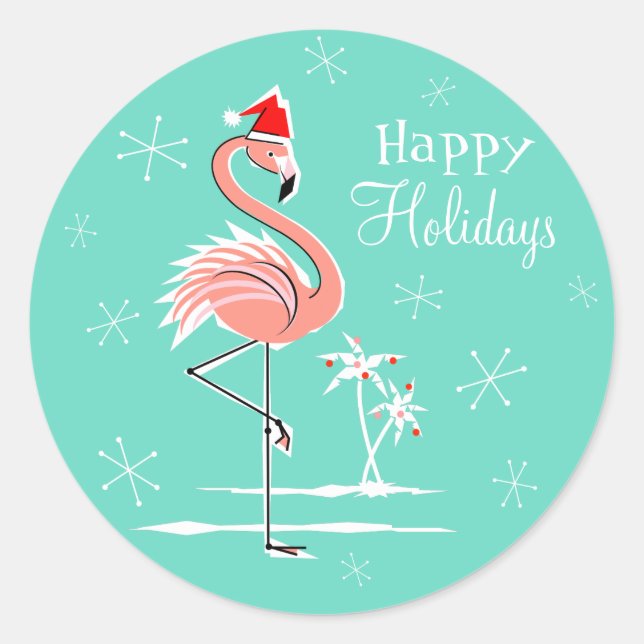 Flamant rose de Noël Happy Holidays sticker round (Devant)