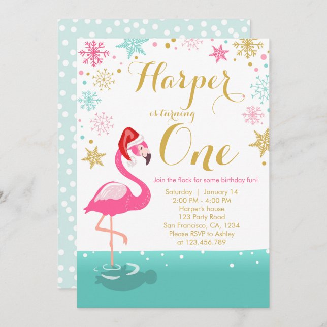 Flamant rose de Noël Invitation d'anniversaire hiv (Devant / Derrière)