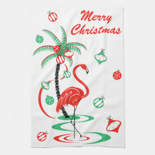 Flamant rose de Noël rouge serviette de cuisine de