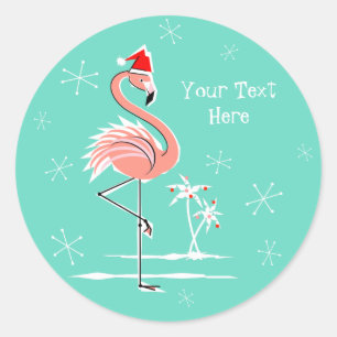Flamant rose de Noël Texte autocollant rond