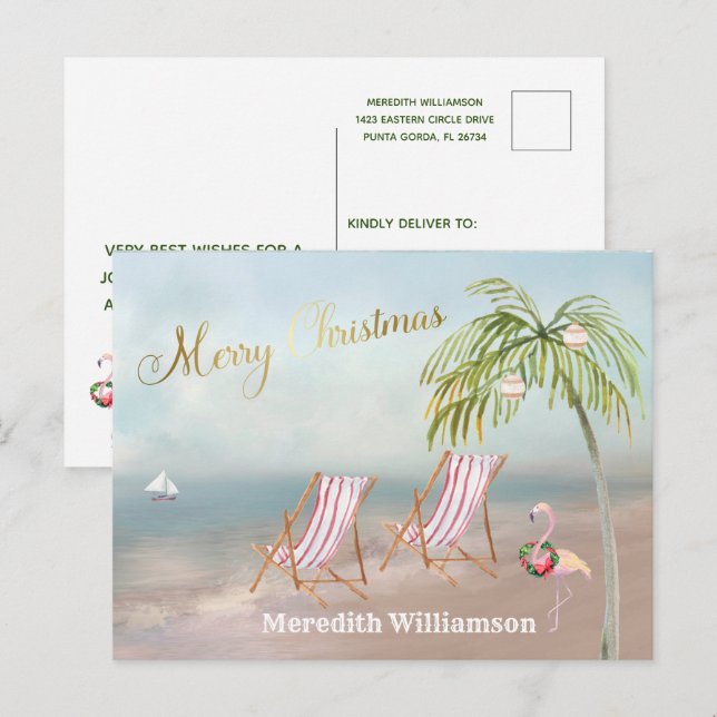 Flamant rose de plage Joyeux budget de Noël Carte  (Devant / Derrière)
