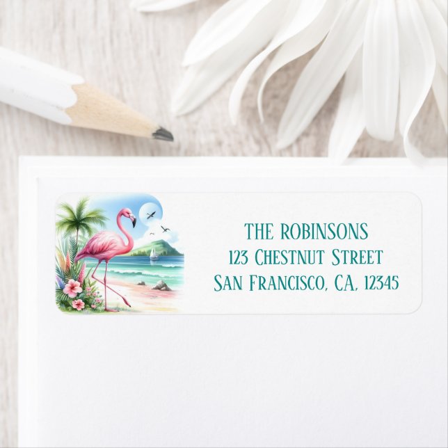 Flamant rose d'été aquarelle sur la plage (En situation)