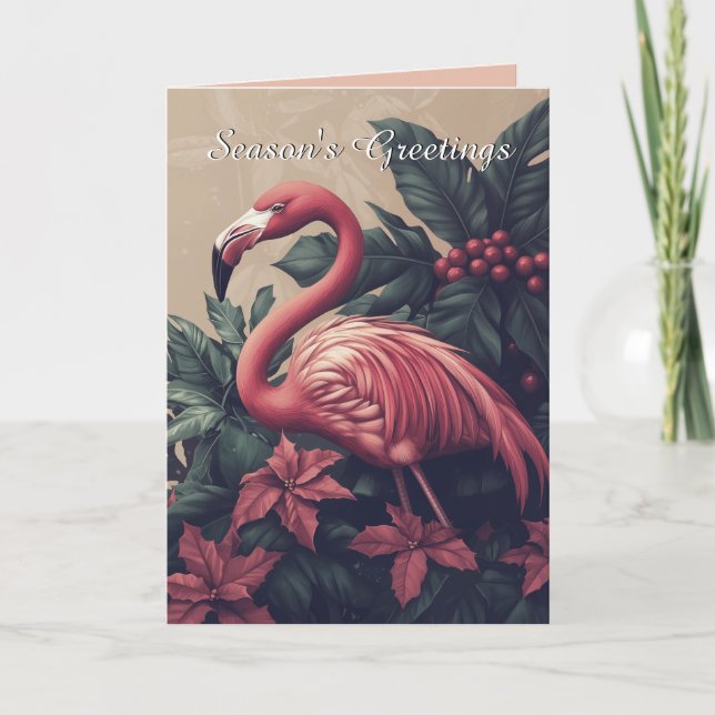 Flamant rose élégant et carte de Noël Poinsettia (Devant)