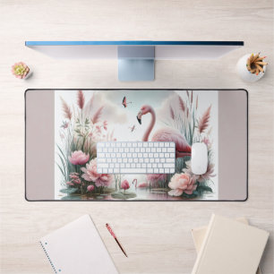 Flamant rose en Pastel Pond Floral Scene