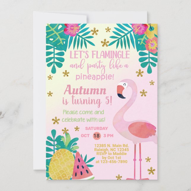 Flamant rose Flamingle ananas invitation d'anniver (Devant)