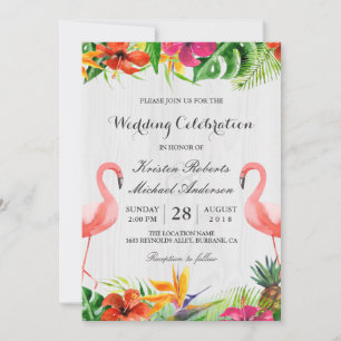 Flamant rose floral tropical à deux Faire-part de 