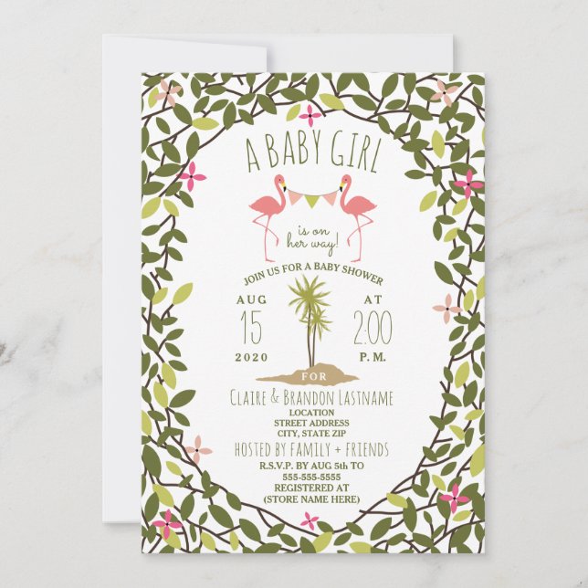 Flamant rose Foliage Invitation Baby shower (Devant)