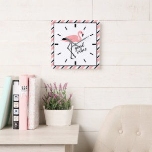 Flamant rose Good Vibes noir Carré rose horloge mu