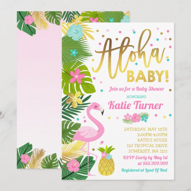 Flamant rose Invitation Baby shower Douche tropica (Devant / Derrière)