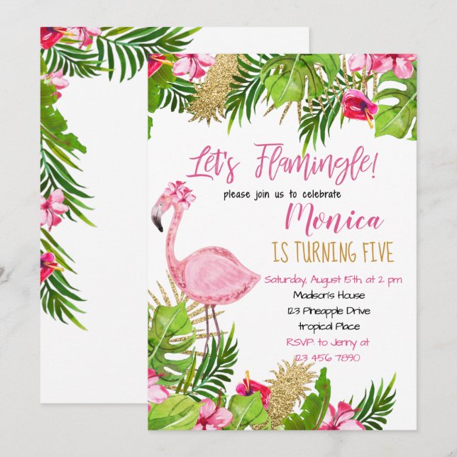Flamant rose Invitation d'anniversaire (Devant / Derrière)