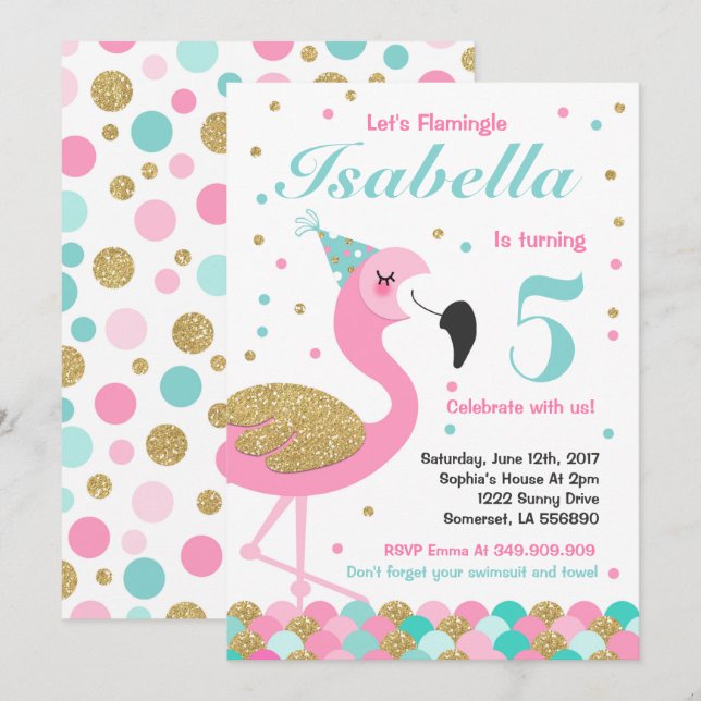 Flamant rose Invitation d'anniversaire Topic Pool  (Devant / Derrière)