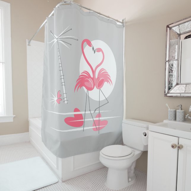 Flamant rose Love rideau de douche (En situation)