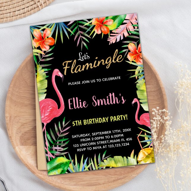 Flamant rose noir rouge vert Invitations d'anniver (Black Red Green Flamingo Birthday Invitations)