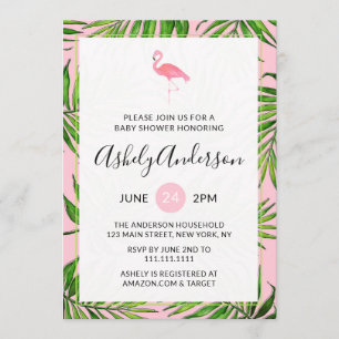 Flamant rose Palm Feuilles Baby shower Carte d'inv