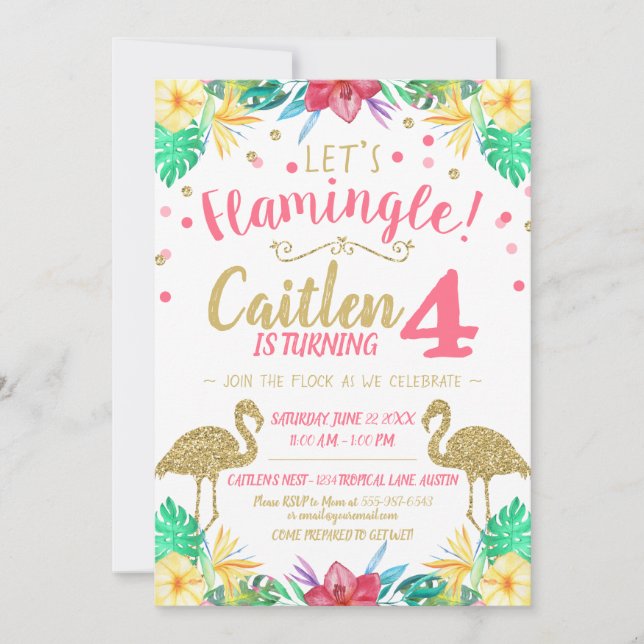 Flamant rose Parties scintillant or et Invitation  (Devant)