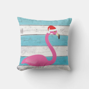 Flamant rose père Noël sur Coussin extérieur rayé