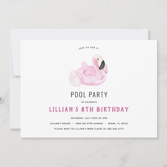 Flamant rose Pool Fête Anniversaire Invitation (Devant)