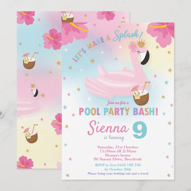 Flamant rose Pool Fête Anniversaire Invitation (Devant / Derrière)