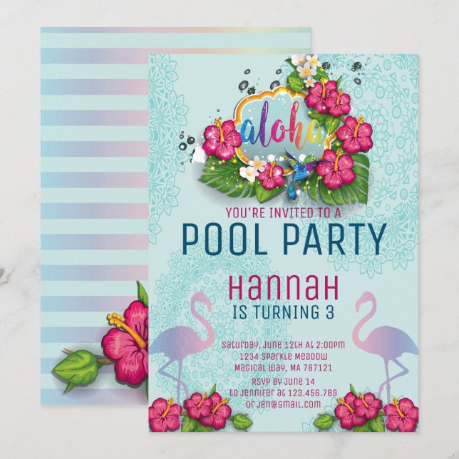 Flamant rose Pool Fête Anniversaire Invitation Tro (Devant / Derrière)