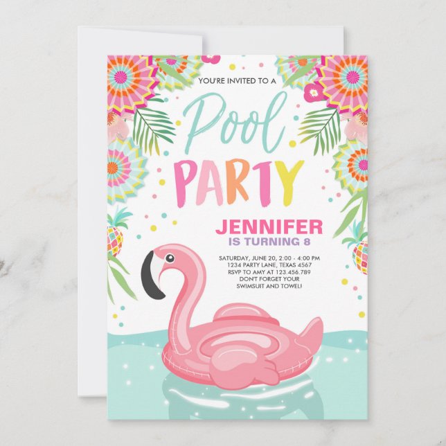 Flamant rose Pool invitation de fête Piscine tropi (Devant)