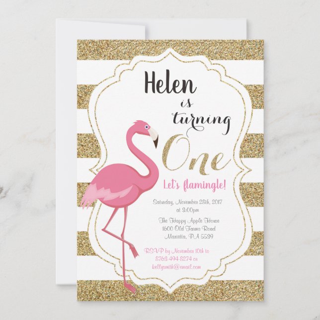 Flamant rose Premier anniversaire Invitation fille (Devant)