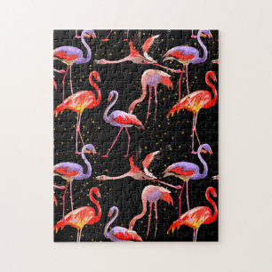 Flamant rose Puzzle Oiseaux colorés sur noir