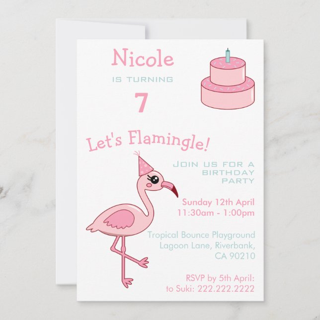 Flamant rose rose 7e anniversaire Invitation de fê (Devant)