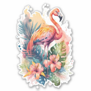 Flamant rose rose avec Sticker Fleurs