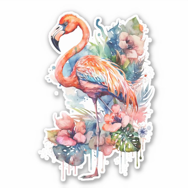 Flamant rose rose avec Sticker Fleurs (Devant)