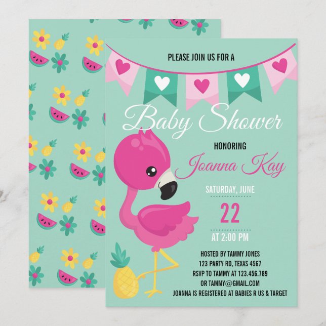 Flamant rose rose bébé Invitation Baby shower (Devant / Derrière)
