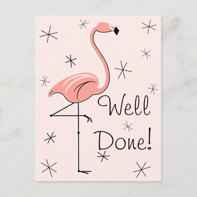 Flamant rose rose "Bien fait!" carte postale verti (Devant)