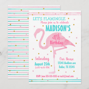 Flamant rose rose d'aquarelle Invitation d'anniver