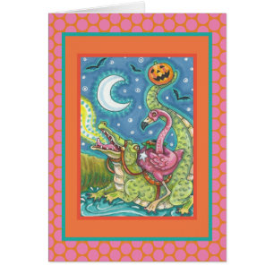 Flamant rose ROSE ET VERSE CARTE CROCODILE EN COUR