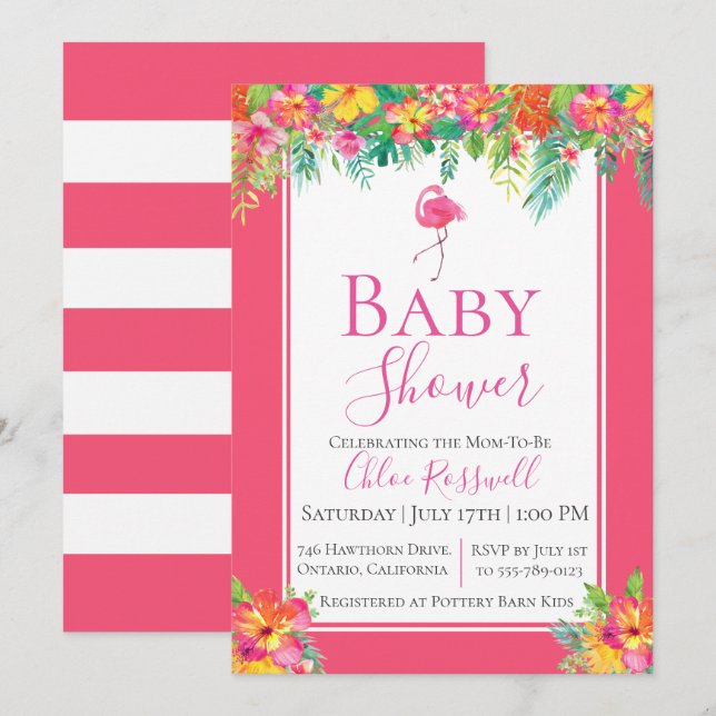 Flamant rose rose Floral Invitation Baby shower (Devant / Derrière)