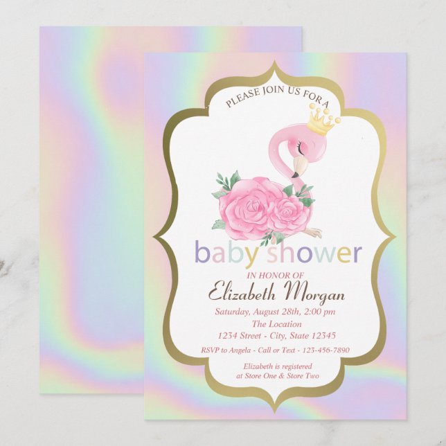Flamant rose rose, Invitation Baby shower holograp (Devant / Derrière)