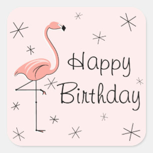 Flamant rose rose joyeux carré autocollant anniver