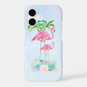 Flamant rose rose Momma & bébé avec palmiers