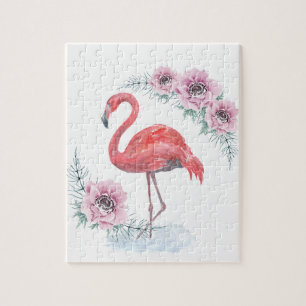 Flamant rose rose, oiseau, aquarelle Jigsaw Puzzle