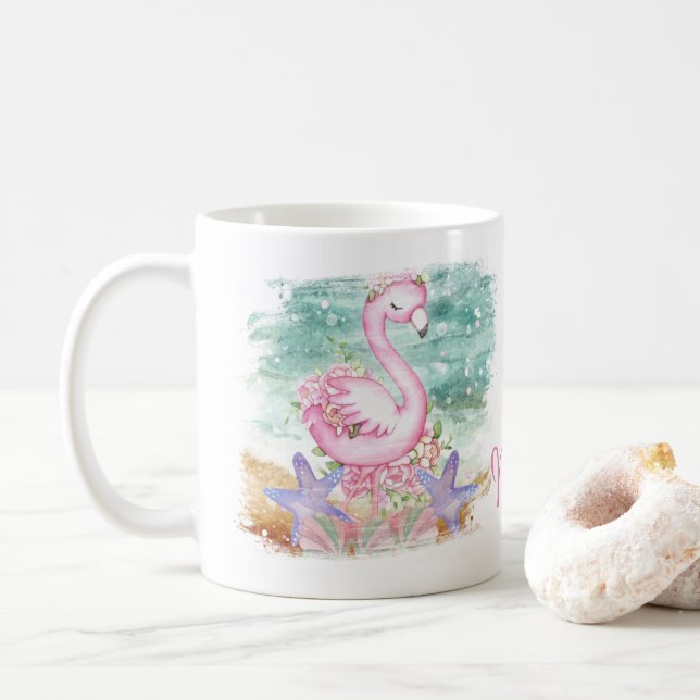 Flamant rose rose personnalisé Conception Café Mug (Avec donut)