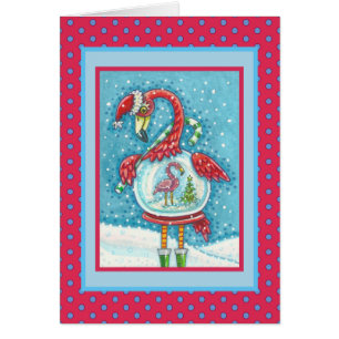 Flamant rose ROSE SNOWGLOBE, CARTE DE SALUT DE NOË