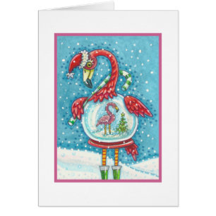 Flamant rose ROSE SNOWGLOBE, NOËL CARTE DE SALUT B