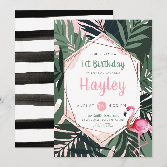 Flamant rose tropical Aquarelle Invitation d'anniv (Devant / Derrière)