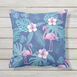 Flamant rose tropical Hibiscus Coussin extérieur