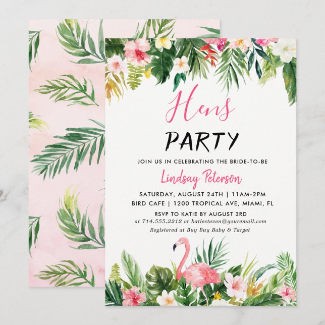 Flamant rose tropical Luau Hens Party Carte d'invi (Devant / Derrière)