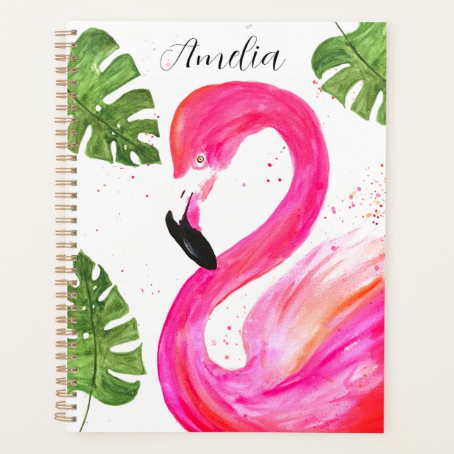 Flamant rose tropical Pink Palm Green Feuille Art  (Devant)